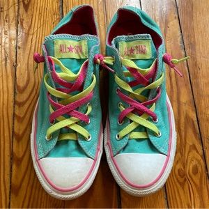 Converse All Star Low Top Teal Green Pink Double Lace Sneakers Women’s Size 9